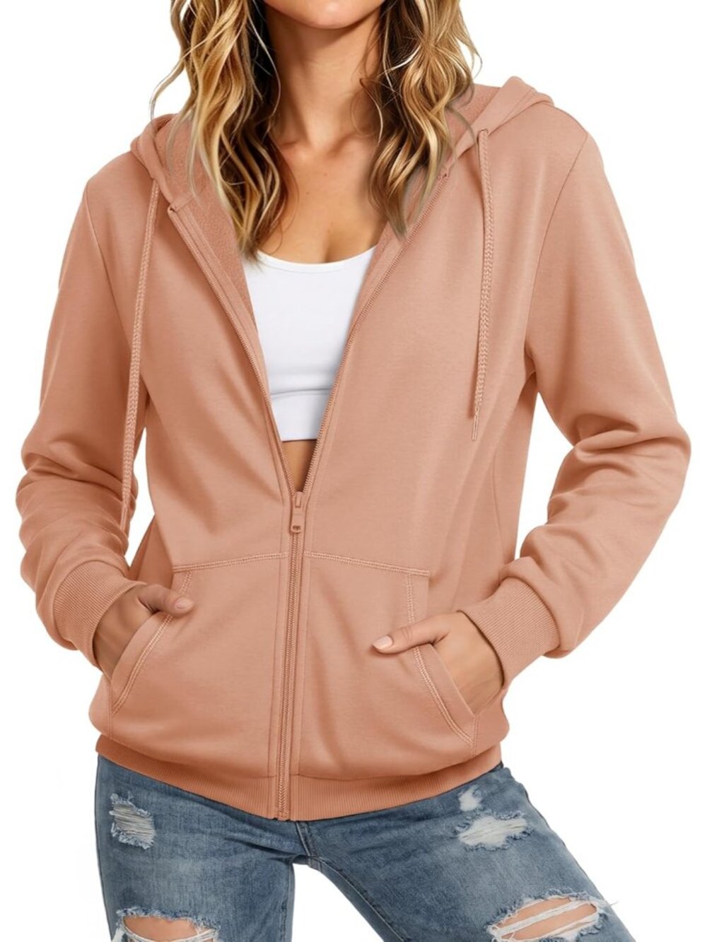 〽️Women's Apricot Zip Up Fleece Lined Sweatshirt Casual Outerwear Jacket Hooded